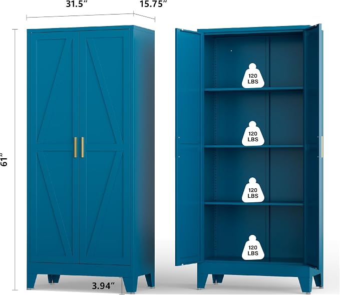 Blue Metal Kitchen Pantry Cabinet, Rustic Freestanding Cupboard - Image 2