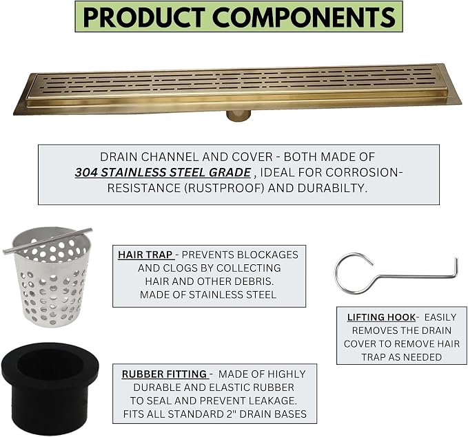 SereneDrains 304 Stainless Steel 48 Inch Brushed Gold Shower Drain Kit Broken - Image 3
