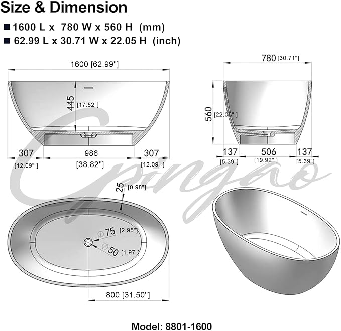 Cpingao 63" Freestanding Bathtub, Oval Shaped Resin Stone Freestanding Tubs - Image 6