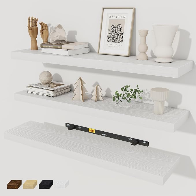 Fun Memories 30 Inch Floating Shelves Set of 3, Farmhouse White Wall Shelves by FunMemories