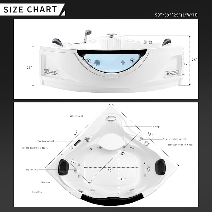 Empava 2 Person Whirlpool Bathtub, Corner Jetted Bathtub - Image 6
