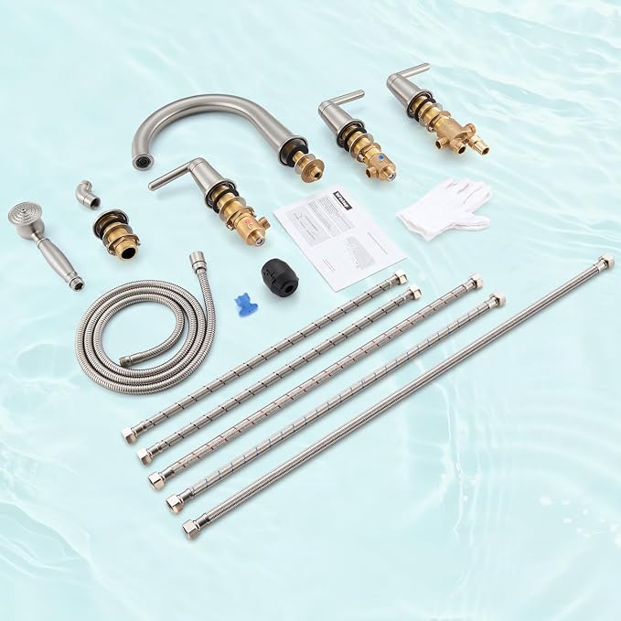 Roman Tub Faucet with Sprayer and Valve, 3 Handle 5 Hole Widespread Deck Mount - Image 7