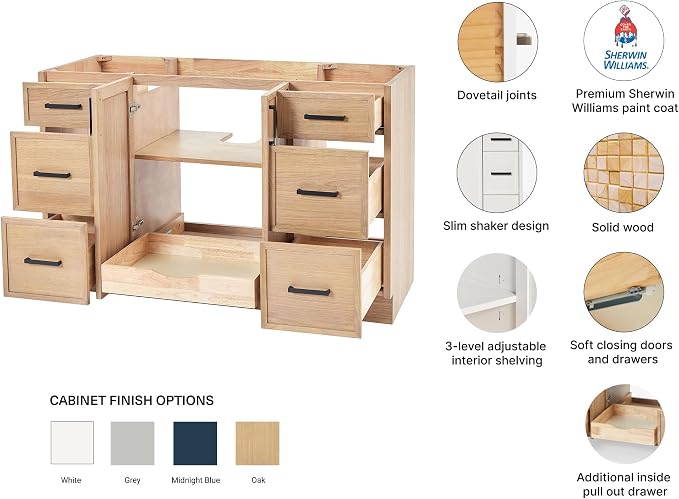 ARIEL Kelly 54 inch Bathroom Vanity Without Sink in White Oak, Bathroom Base - Image 3