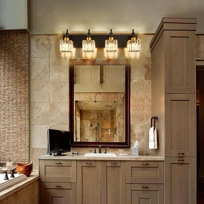 Gold Black Crystal Bathroom Lighting Fixtures, 4 Light Brass Modern Crystal - Image 2
