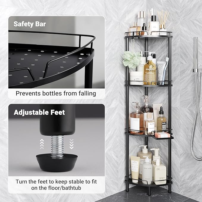 ELYKEN Corner Shower Caddy Standing, 4 Tier Rustproof Metal Shower Organizer - Image 4