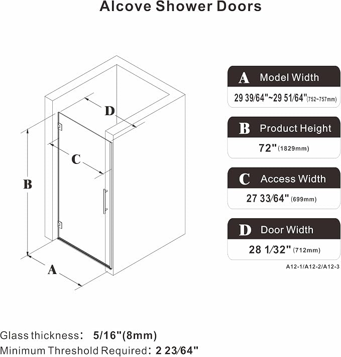 29.6-29.8" x 72"Frameless Hinged Shower Door, Single Swing Shower Panel - Image 8