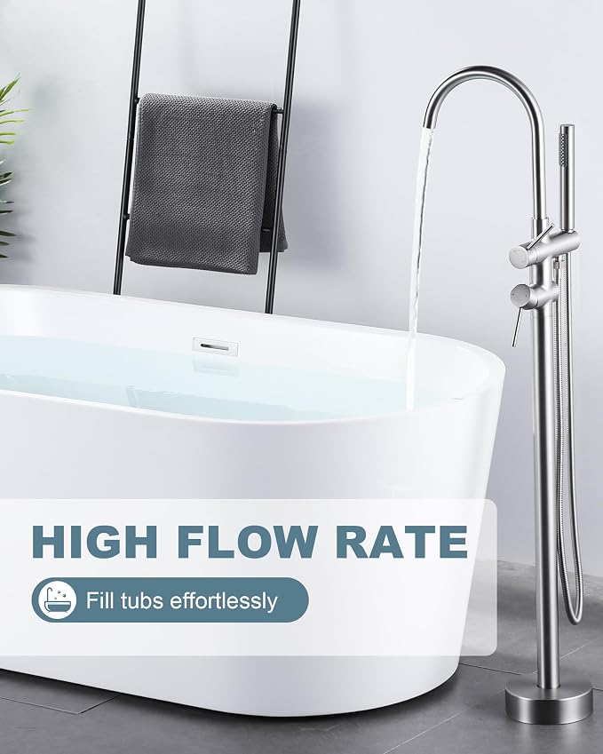 Freestanding Bathtub Faucet Brushed Nickel, Floor Mount Tub Filler, High Flow - Image 3