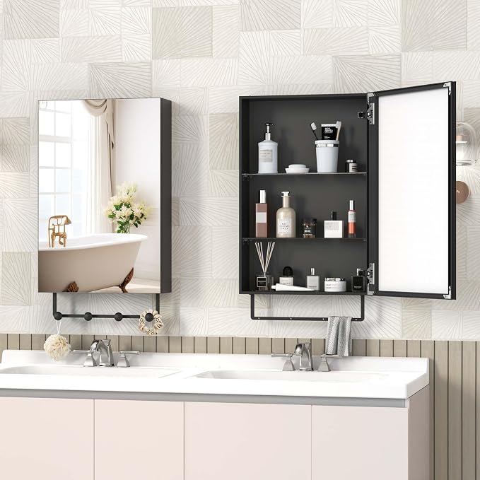ANYHI 24"x16" Black Bathroom Mirror Medicine Cabinet, Single Door Bathroom Wall - Image 4
