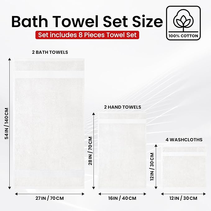 Infinitee Xclusives Luxury 100% Cotton Towel Set – 8 Piece Bathroom Towel Set – - Image 3