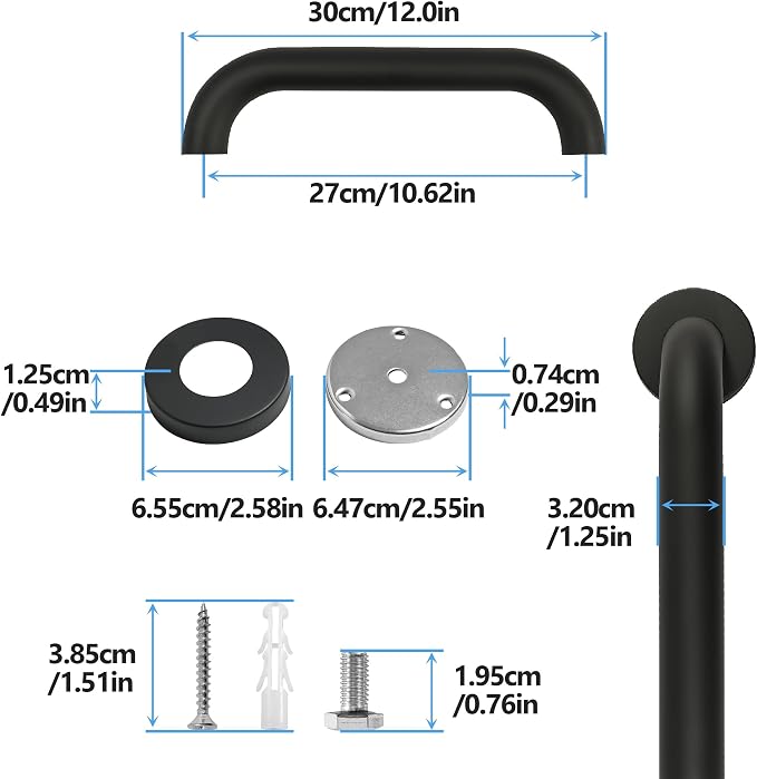 Shower Grab Bar, 2 Pack 12 Inch Black Bathroom Grab Bar, 1.25" Diameter 304 - Image 2