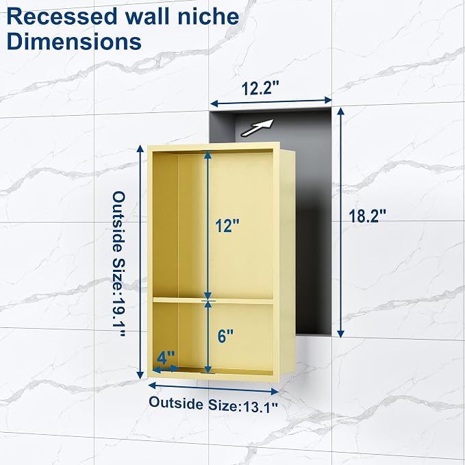 Neodrain Golden 12X18 Inch Double Shelf Stainless Steel Shower Niche, No Tile - Image 3