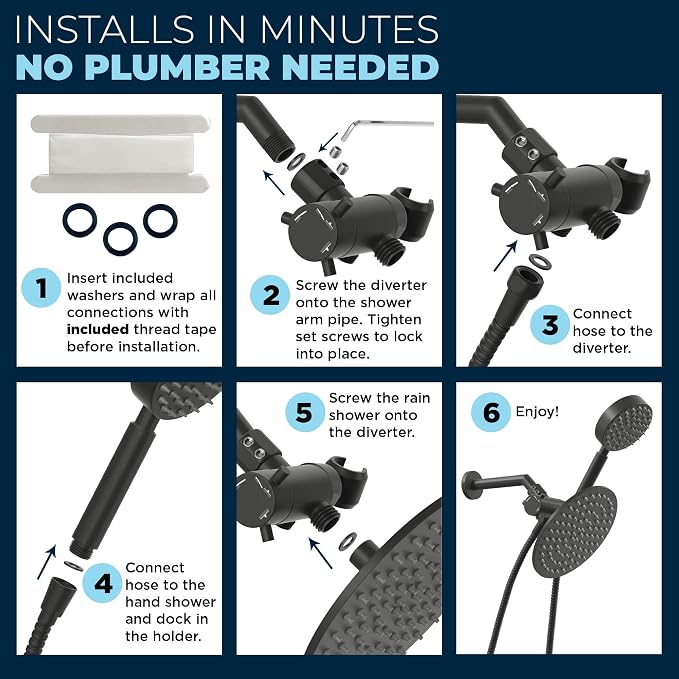 HammerHead Showers® Solid Metal Dual Shower Head Combo – MATTE BLACK – 8 Inch - Image 4