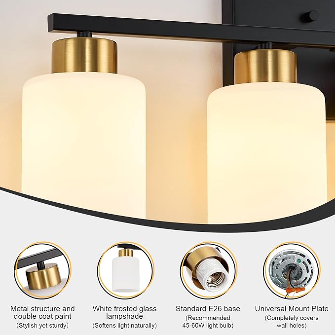 Black and Gold Bathroom Light Fixtures, 4-Light Modern Vanity Light Over Mirror - Image 7