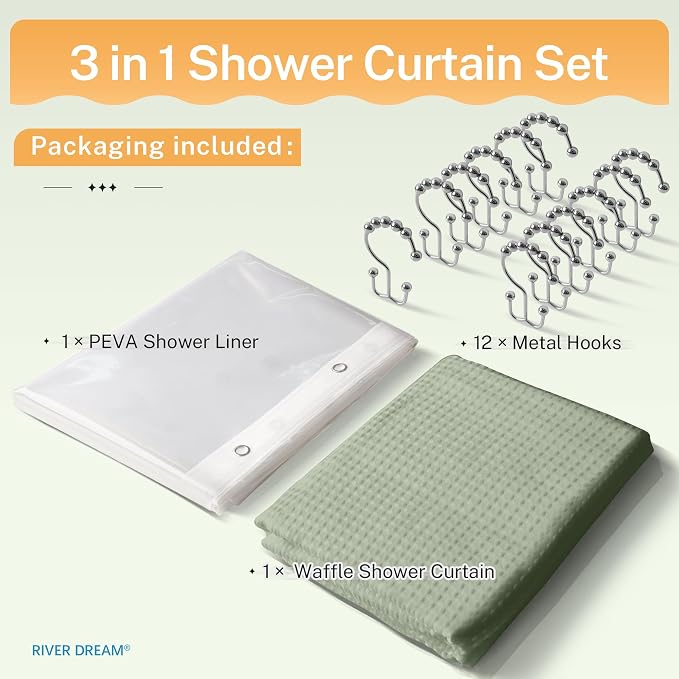 River Dream 3 in 1 Shower Curtain Set, Extra Long Waffle Fabric Shower Curtain - Image 6