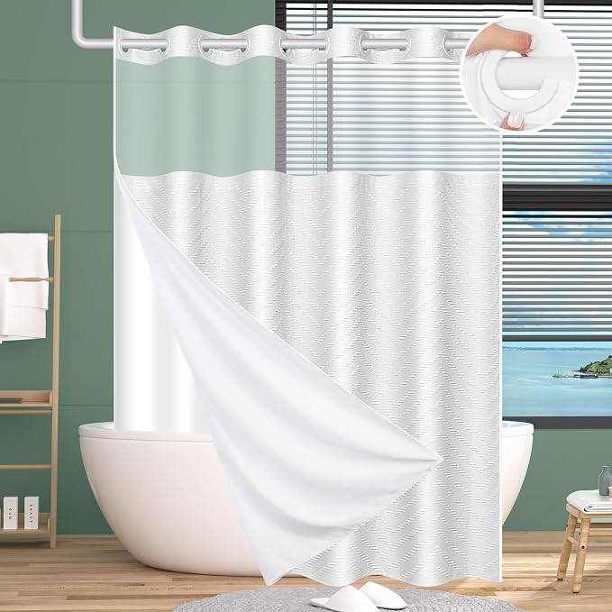No Hook Shower Curtain and Snap in Liner Set White Tufted Chevron Striped Cloth by FADOTY