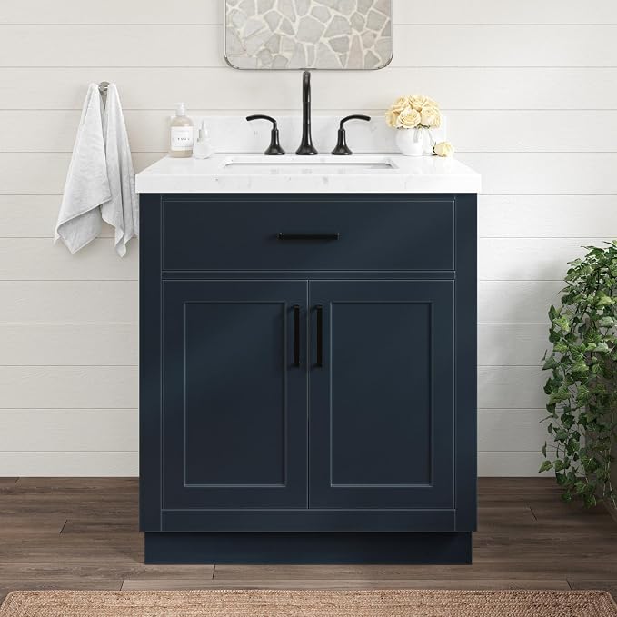 ARIEL Bathroom Vanity, Midnight Blue, Carrara White Quartz Top 1.5" Edge by Ariel