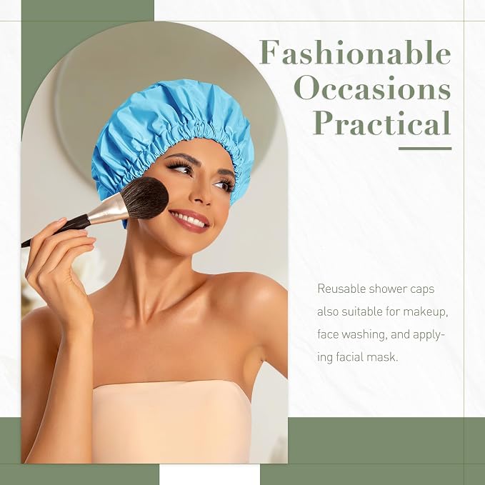 Reusable Shower Cap for Women, Large Waterproof Shower Bonnet Washable Elastic - Image 2