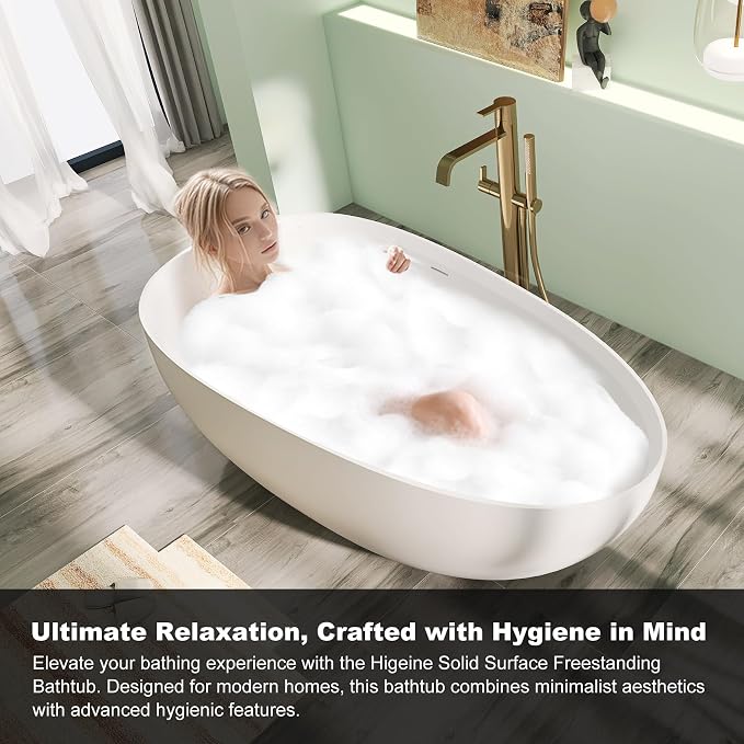 Premium 59" Solid Surface Freestanding Bathtub, Upgraded Oval Stone Resin Egg - Image 5