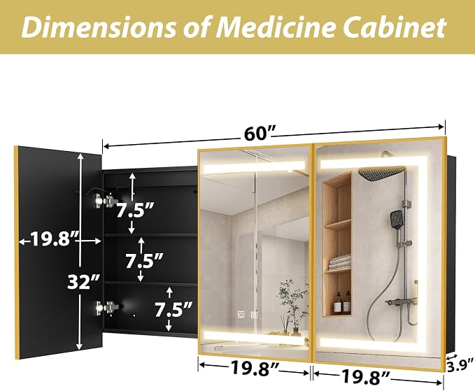 APRILSOUL 60X32 Inch Gold Bathroom Medicine Cabinet - Image 4
