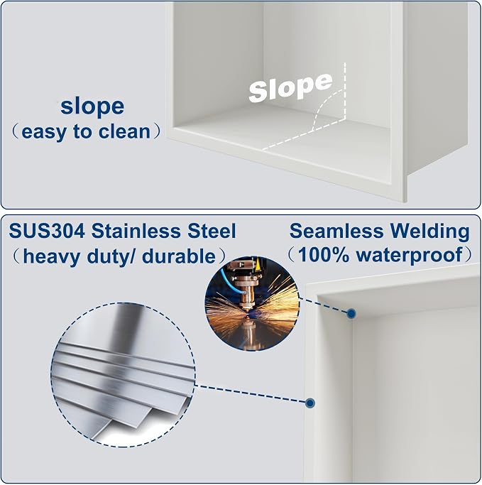 Neodrain White Shower Niche, Insert Storage Shower Shelf, Stainless Steel Wall - Image 7