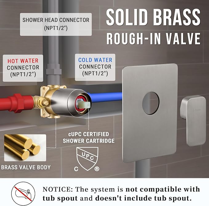 All Metal Shower Faucet Set, Dual Square Shower Head System - Image 3