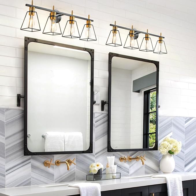 Industrial Bathroom Vanity Lights: 4 Light Black and Gold Vintage Metal Cage - Image 3