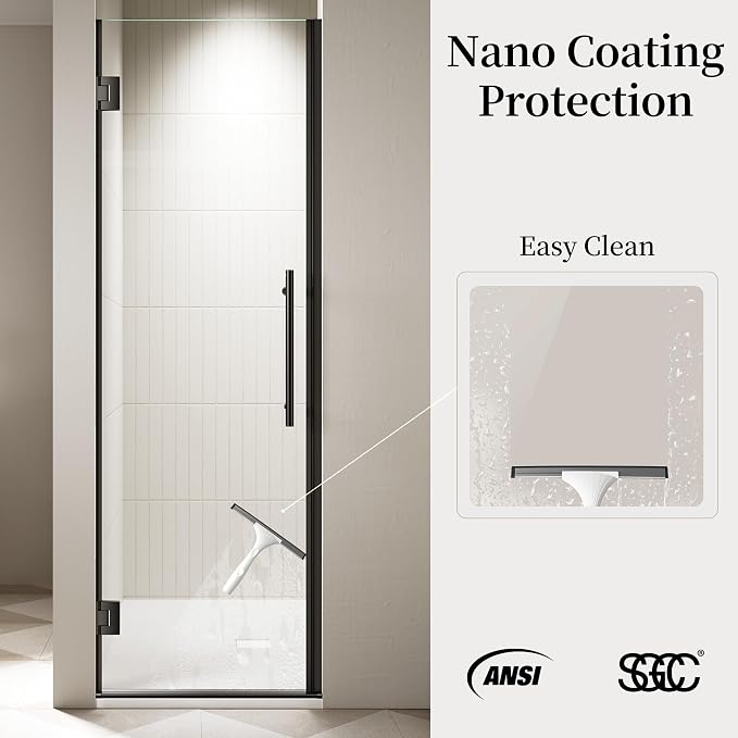 23.6-23.8" x 72" Frameless Hinged Shower Door, Single Swing Shower Panel - Image 3