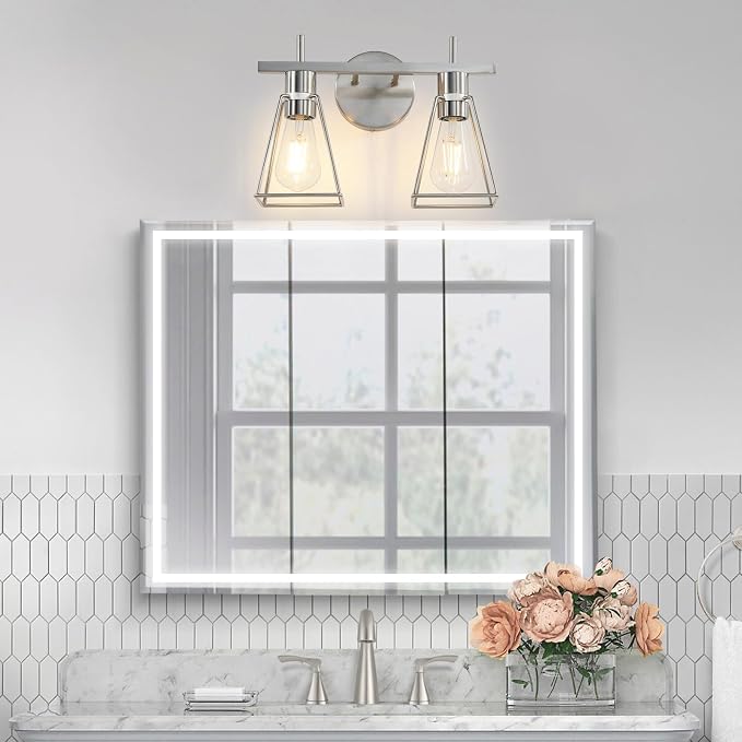 Industrial Bathroom Vanity Lights: 2 Light Silver Brushed Nickel Vintage Metal - Image 5