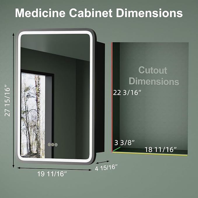 Medicine Cabinet with LED Lights and Mirror, 28 x 20 Inch Wall or Recessed - Image 2