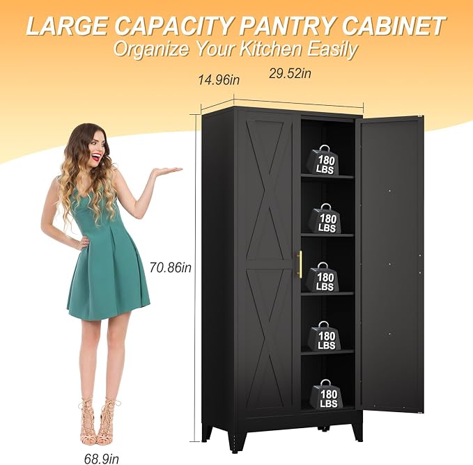 71" H Metal Kitchen Pantry Storage Cabinet, Freestanding Cupboard - Image 3
