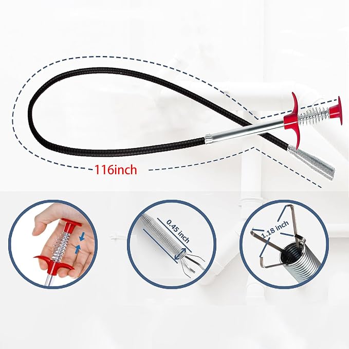 Drain Snake for Hair Clogs, 116 Inch Snake Drain Hair Removal Too, Plumbing - Image 2