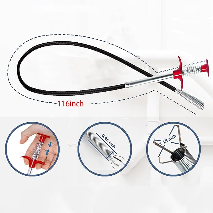 Drain Snake, 116 inch Flexible Grabber Claw Pick Up Reacher Tool, Drain Clog - Image 2