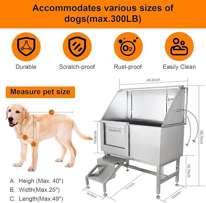 Towallmark 50" Dog Grooming Bathing Station, Professional Stainless Steel Pet - Image 2