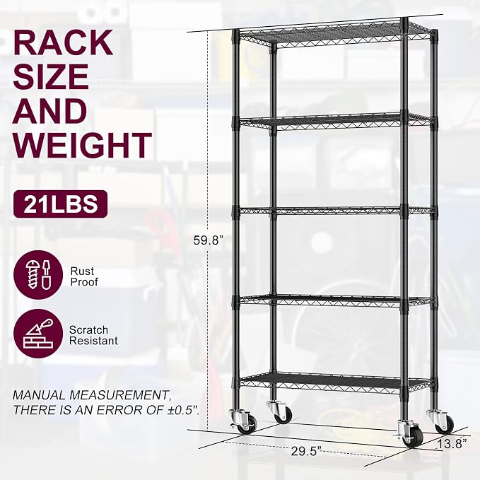 5 Tier Wire Shelving with Wheels Casters, 750 lbs Heavy Duty Storage Shelves - Image 3