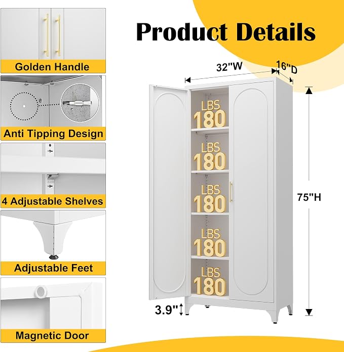 Kitchen Pantry Cabinet, 75 Inch White Metal Storage Cabinet - Image 3