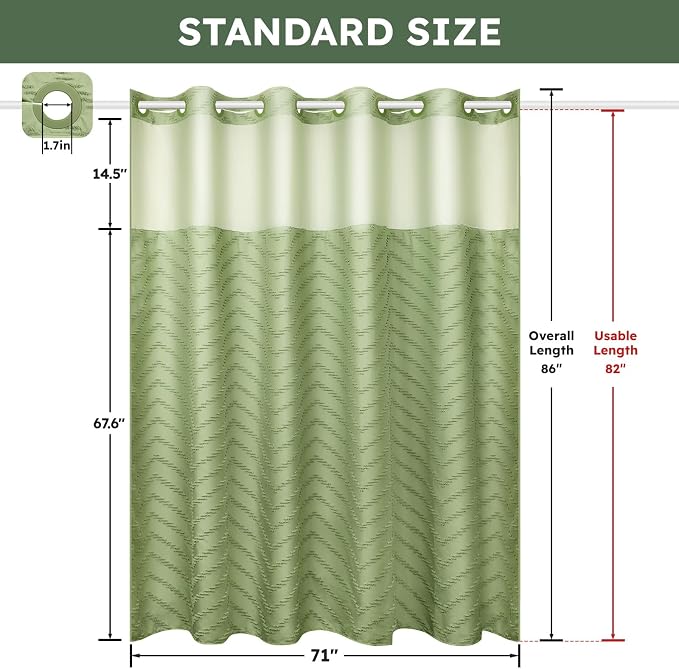No Hook Shower Curtain and Snap in Liner Set Sage Green Tufted Chevron Striped - Image 5