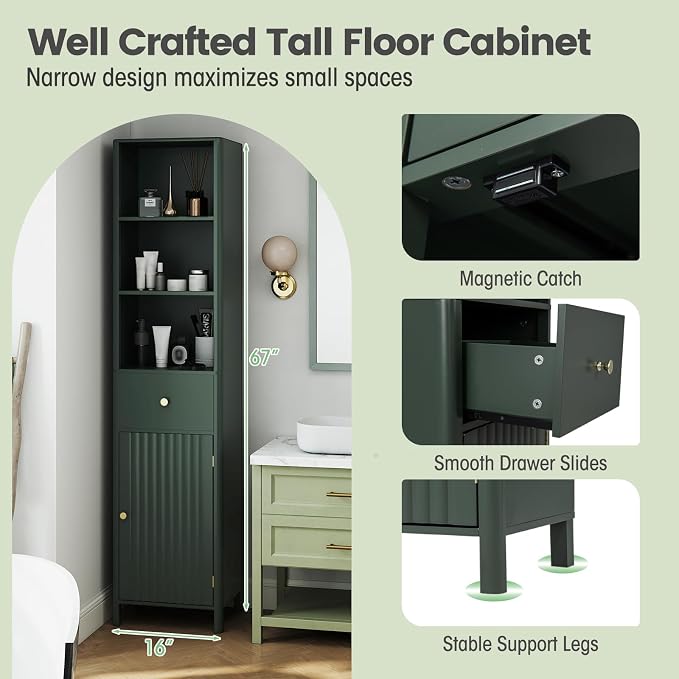 Tangkula 67" Tall Bathroom Cabinet, Narrow Floor Cabinet w/Fluted Door - Image 7