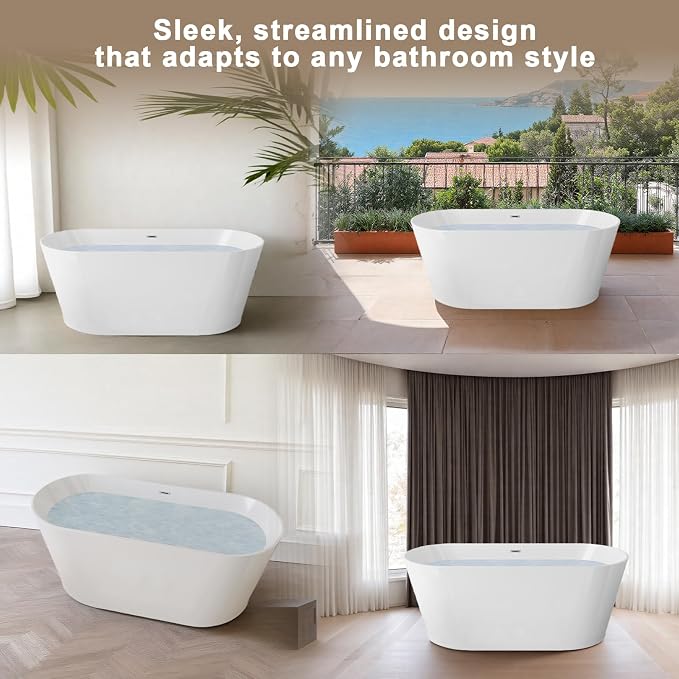 Zavdte 59'' Freestanding Acrylic Bathtub, Gloss White Stand Alone Soaking Tub - Image 6