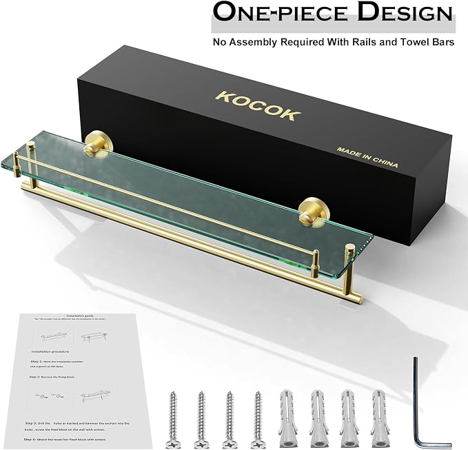 24-Inch Towel Rack with Shelf -Tempered Glass Bathroom Shelf with Towel Bar - Image 4