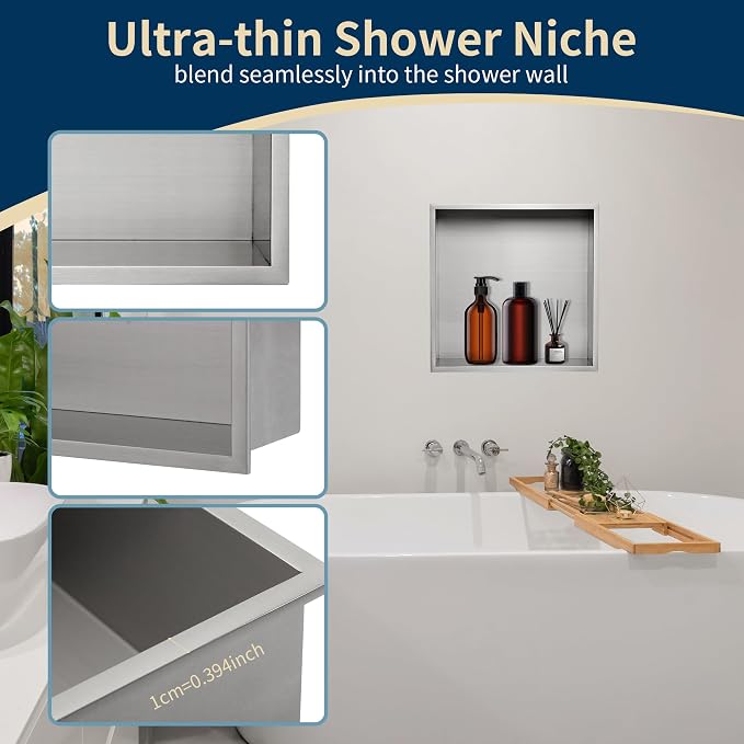 12x12 Shower Niche Insert Tile Ready, Brushed Nickel Recessed Wall Cabinet - Image 4