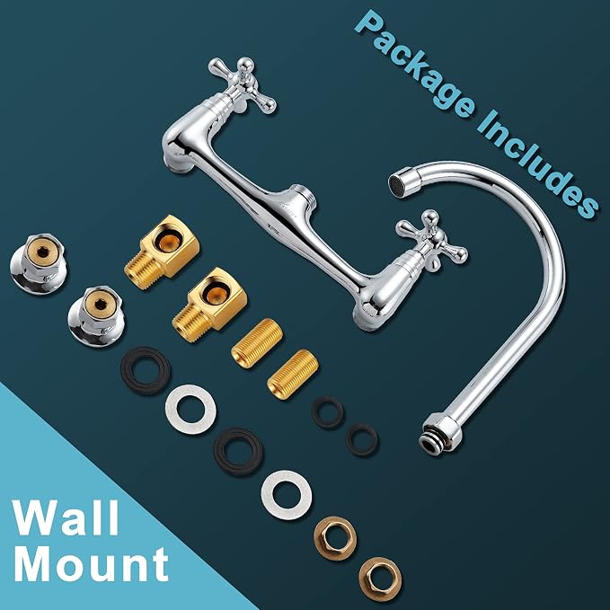 Commercial Brass Wall Mount Faucet, 2 Handles, 8 Inches Center, 360 Swivel - Image 6