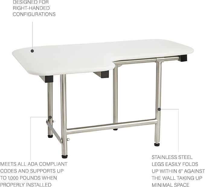 32" x 22.5" White Padded Wall Mount Folding Right-Handed Transfer Bench Shower - Image 7