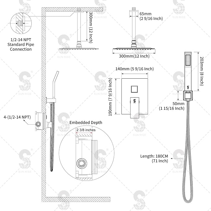 SR SUN RISE 12 Inch Ceiling Mount Matte Black Shower System Bathroom Luxury - Image 9