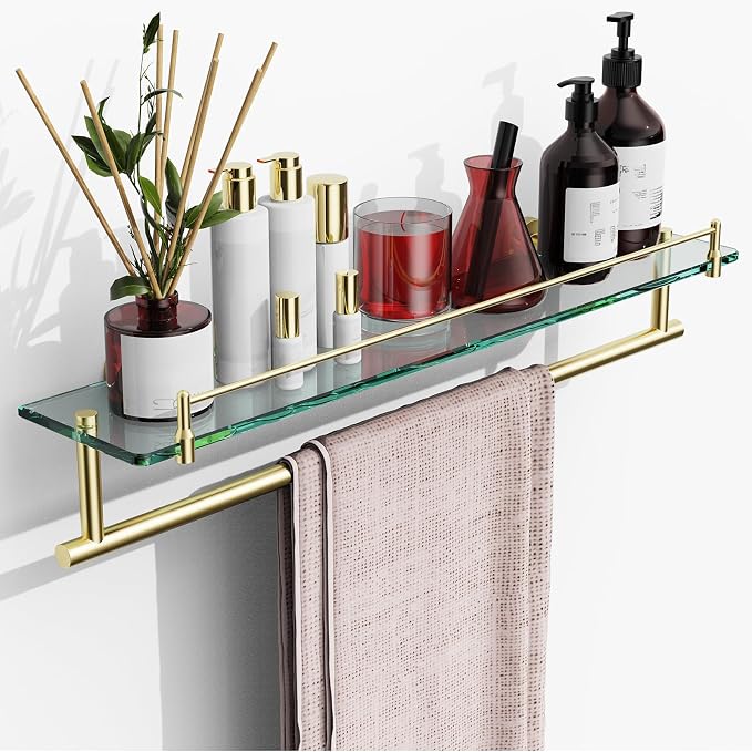 24-Inch Towel Rack with Shelf -Tempered Glass Bathroom Shelf with Towel Bar by HOMELIFE