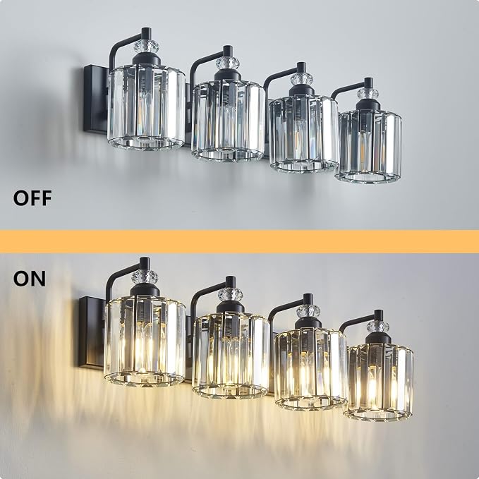 4-Light Black Bathroom Light Fixtures Over Mirror Modern Vanity Lights Crystal - Image 6