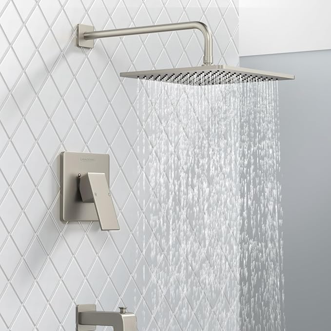 Lava Odoro 12-inch Square Bathtub and Shower Faucet Set Brushed Nickel - Image 3