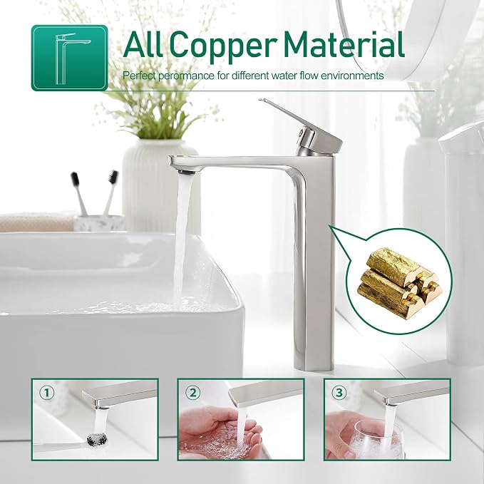 VOTON Brushed Nickel Vessel Sink Faucet Single Handle Tall Bathroom Sink Faucet - Image 3
