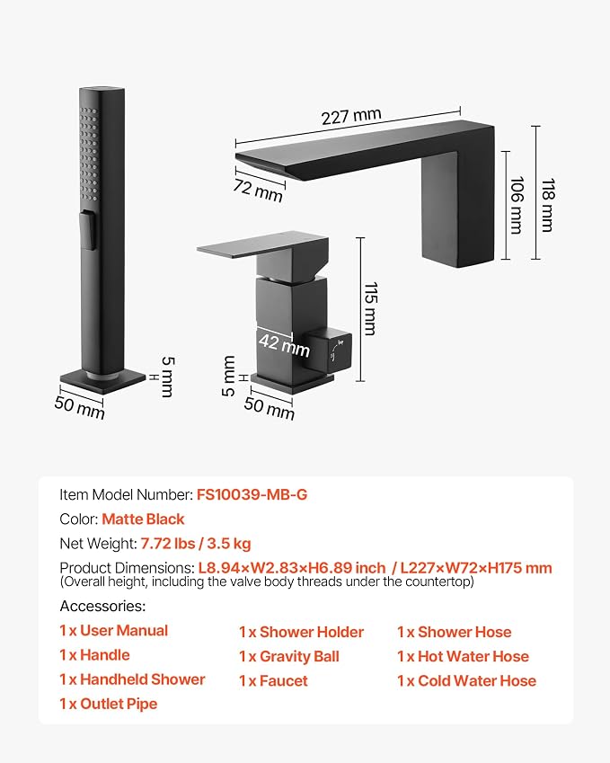 VEVOR Roman Tub Faucet, 3 Hole Waterfall Bathtub Faucet, Roman Bathtub Faucets - Image 7