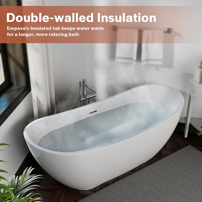Empava 69" Freestanding Tub, Acrylic Contemporary Soaking White Tub - Image 6