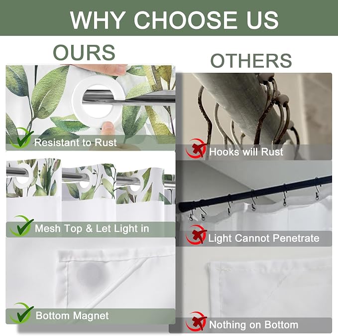 No Hook Shower Curtain and Liner Set, Sage Green Eucalyptus Floral Shower - Image 6